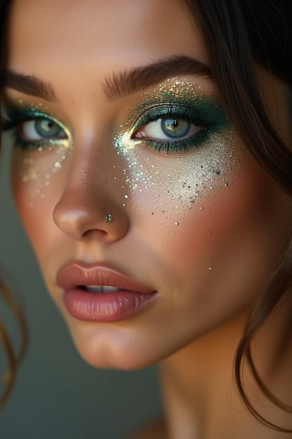 Dramatic green glitter eye makeup with nude lips