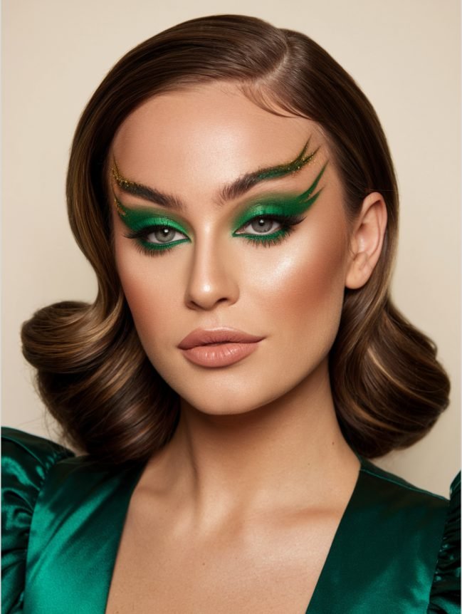 Intense green graphic eye makeup with neutral lips