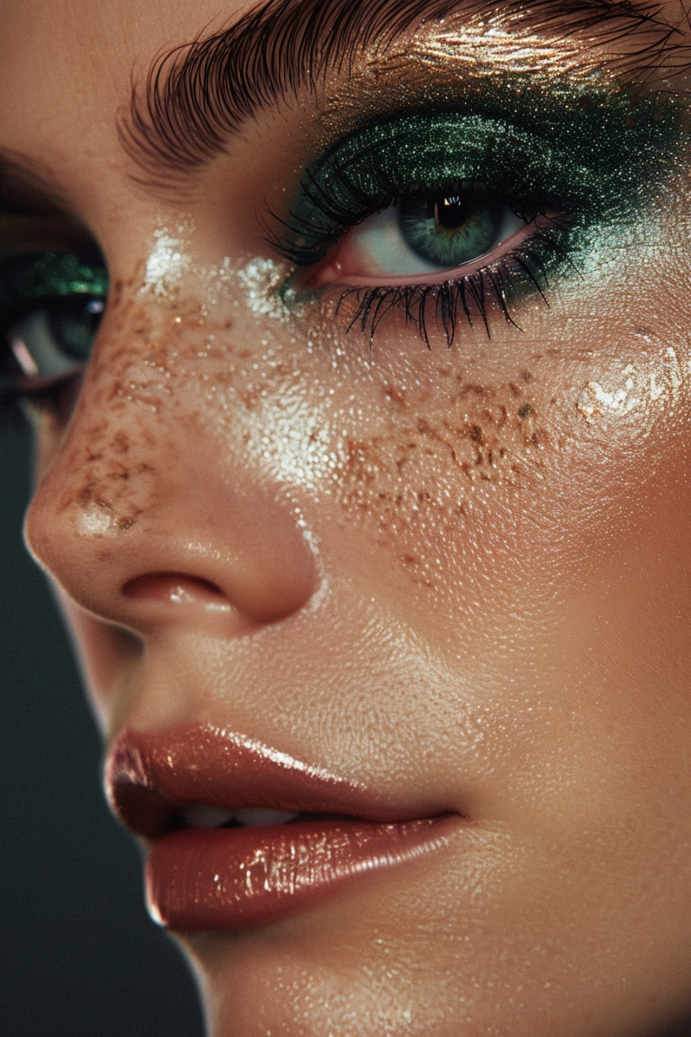 Bold green eye makeup with glossy finish