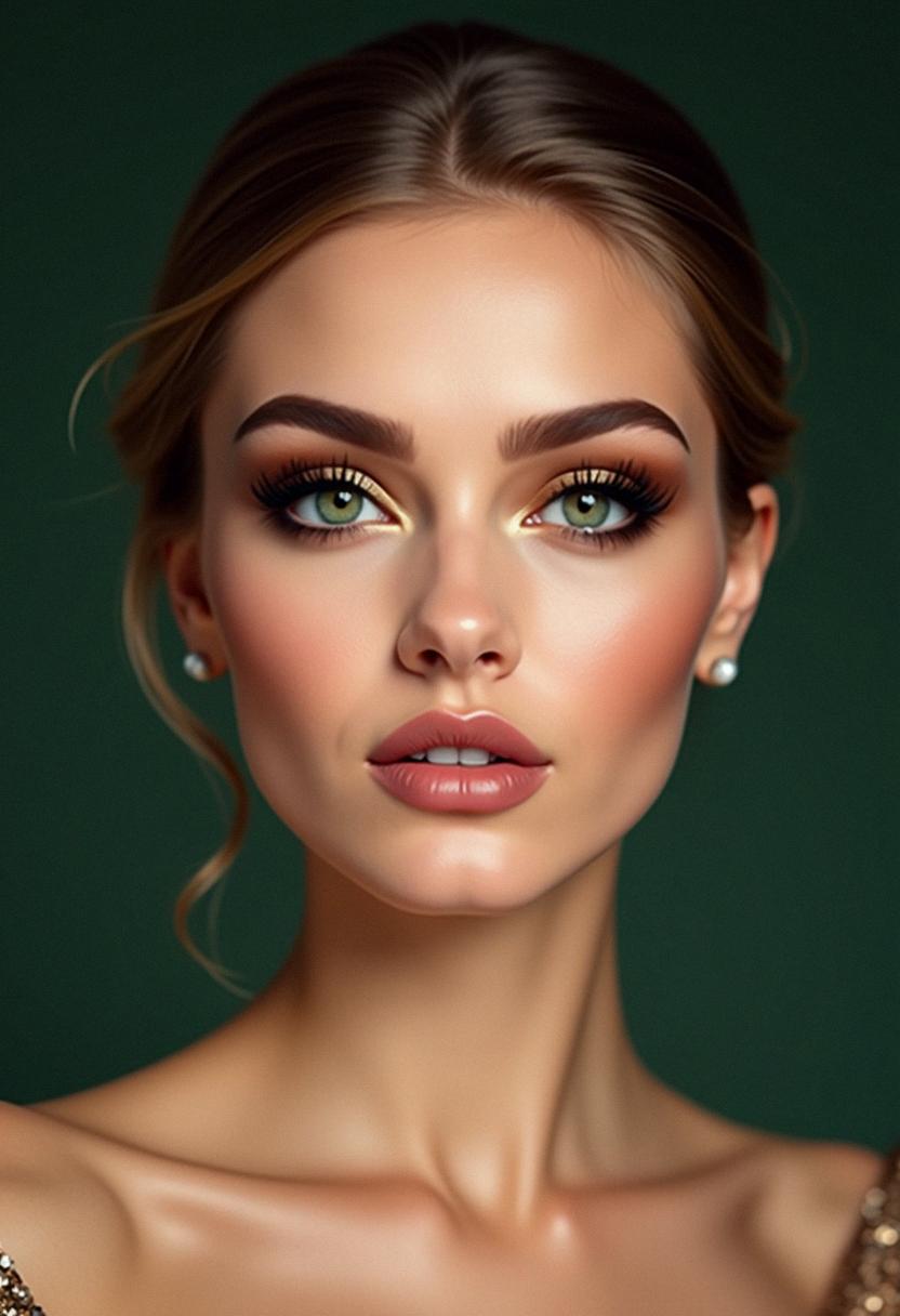 Bold lips with soft green eye shadow
