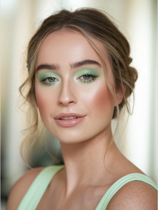 Monochromatic pastel green look with soft blush