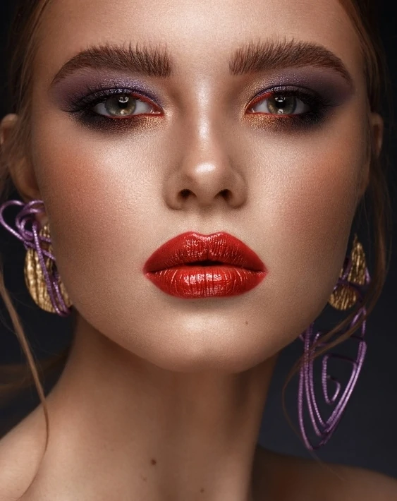 Vibrant lips with green eye accent