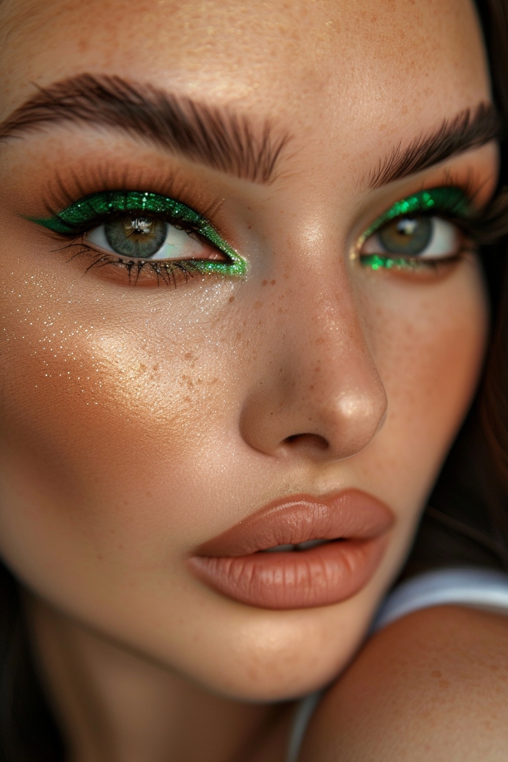 Bold green glitter with nude lips