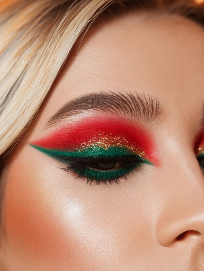 Red and green festive eye makeup