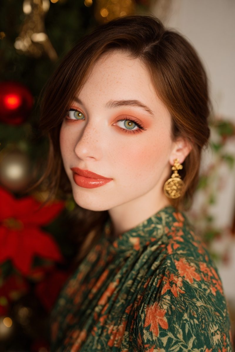 Warm orange and green eye makeup
