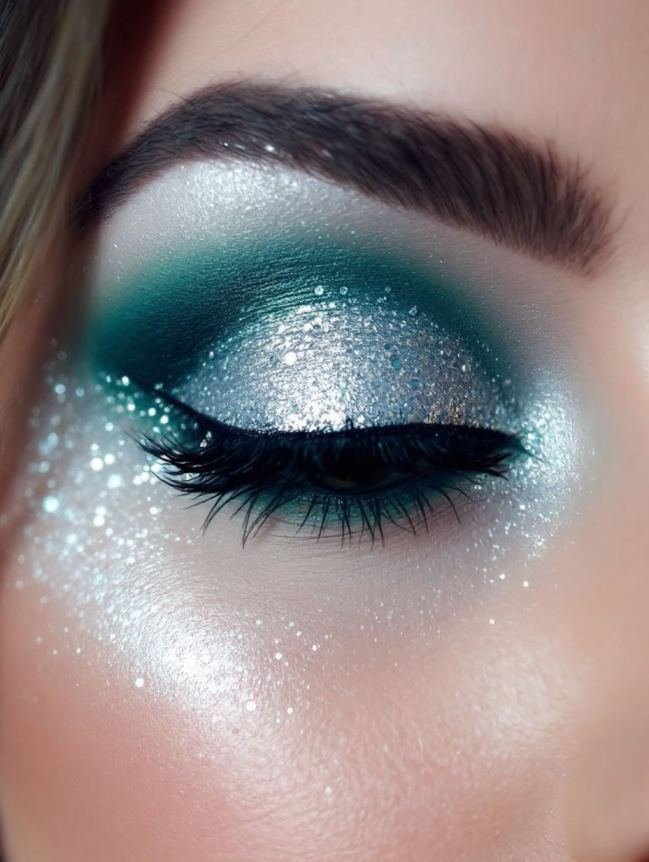Silver glitter with deep green shadows