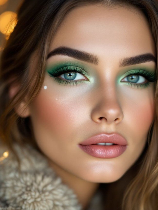 Bold green eye makeup with pink lips