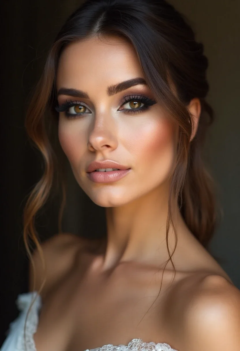 Smoky eyes with subtle lips wedding makeup