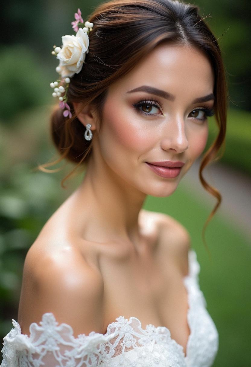 Classic elegant wedding makeup with floral accents