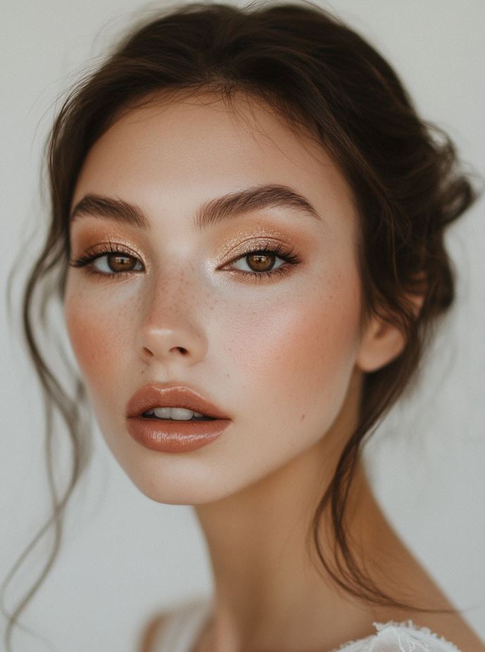 Golden glow wedding makeup with freckled charm