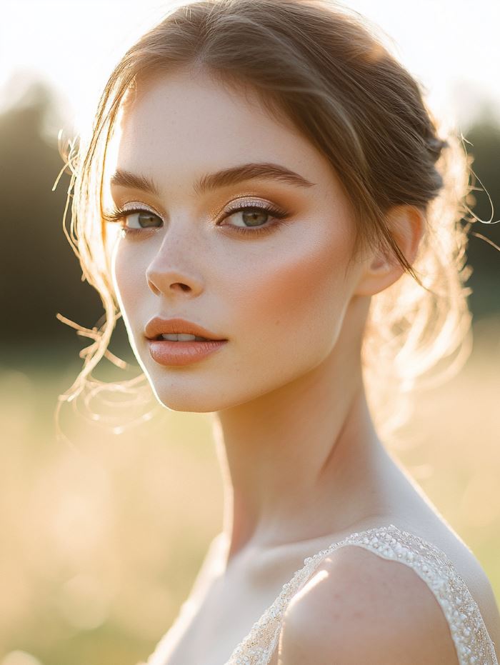 Golden glow wedding makeup with soft contour