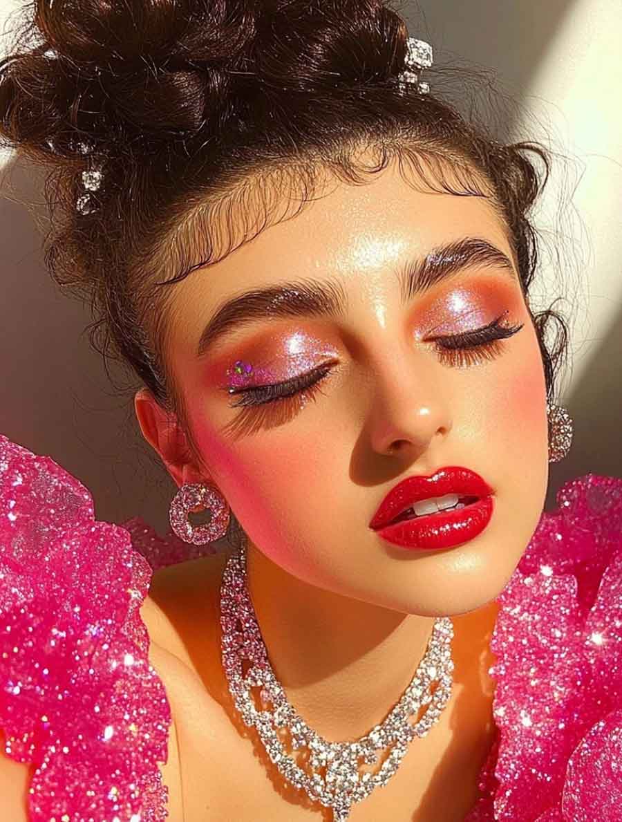 Glittery pink eye makeup with bold red lips