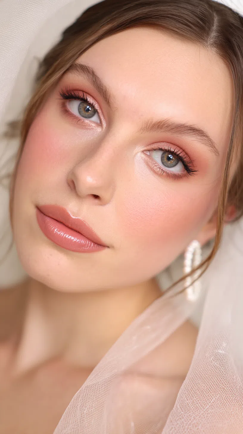 Romantic pink bridal makeup with soft blush and nude lips