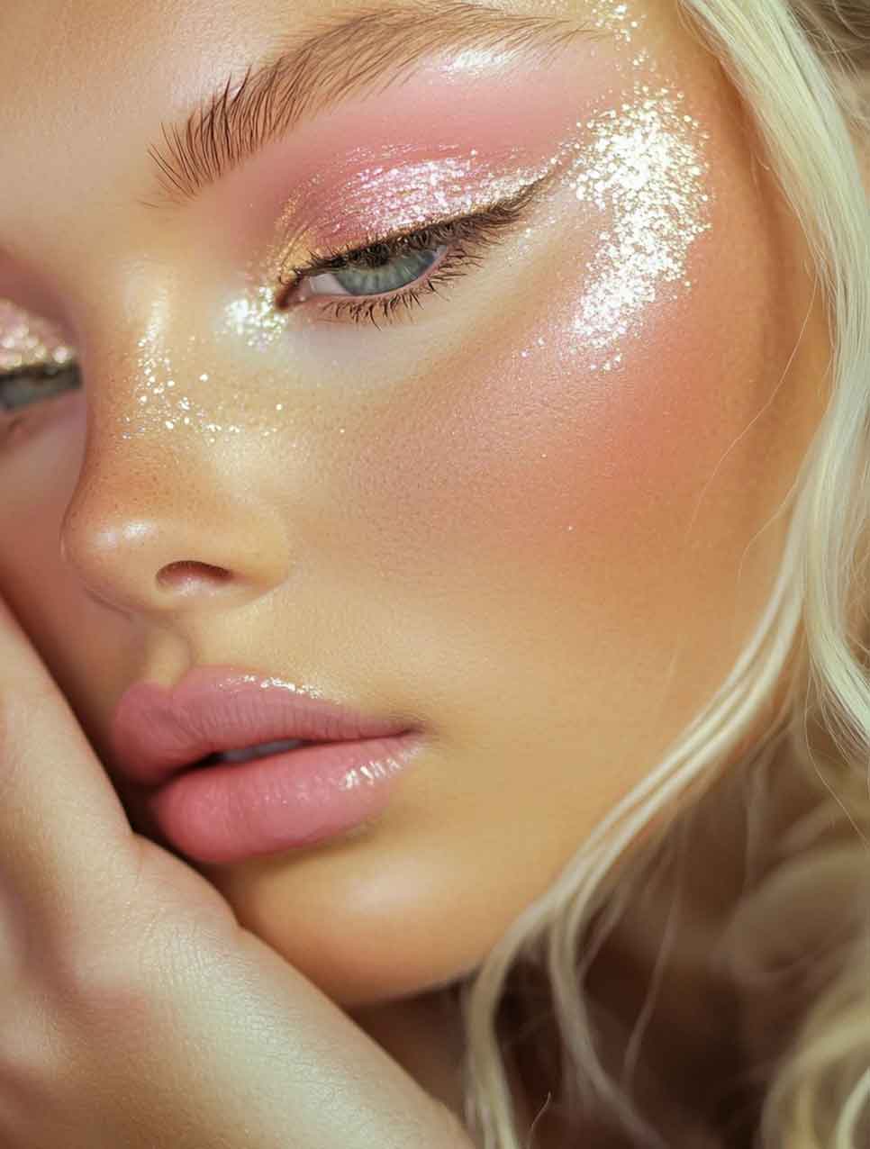 Glittering pink makeup with luminous finish