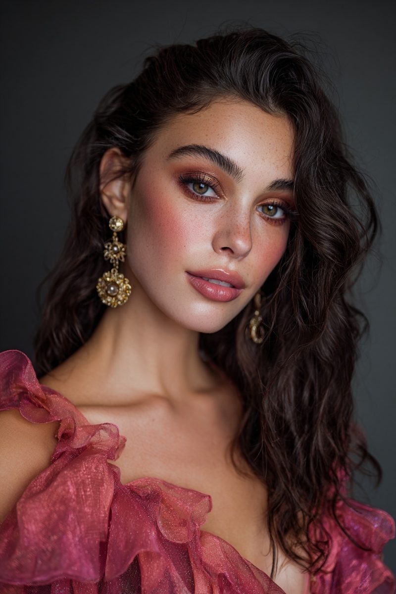 Rich pink makeup with romantic blush