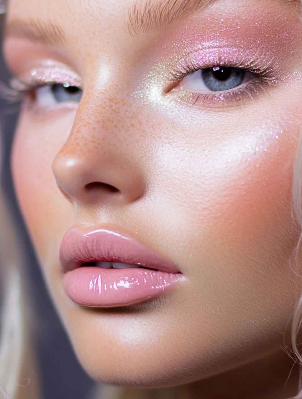 Glossy pink makeup with dewy skin