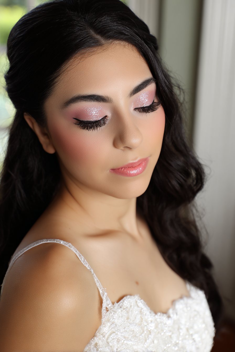 Delicate bridal pink makeup with shimmer