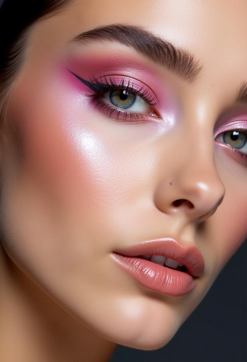 Soft pink eye makeup with glossy lips