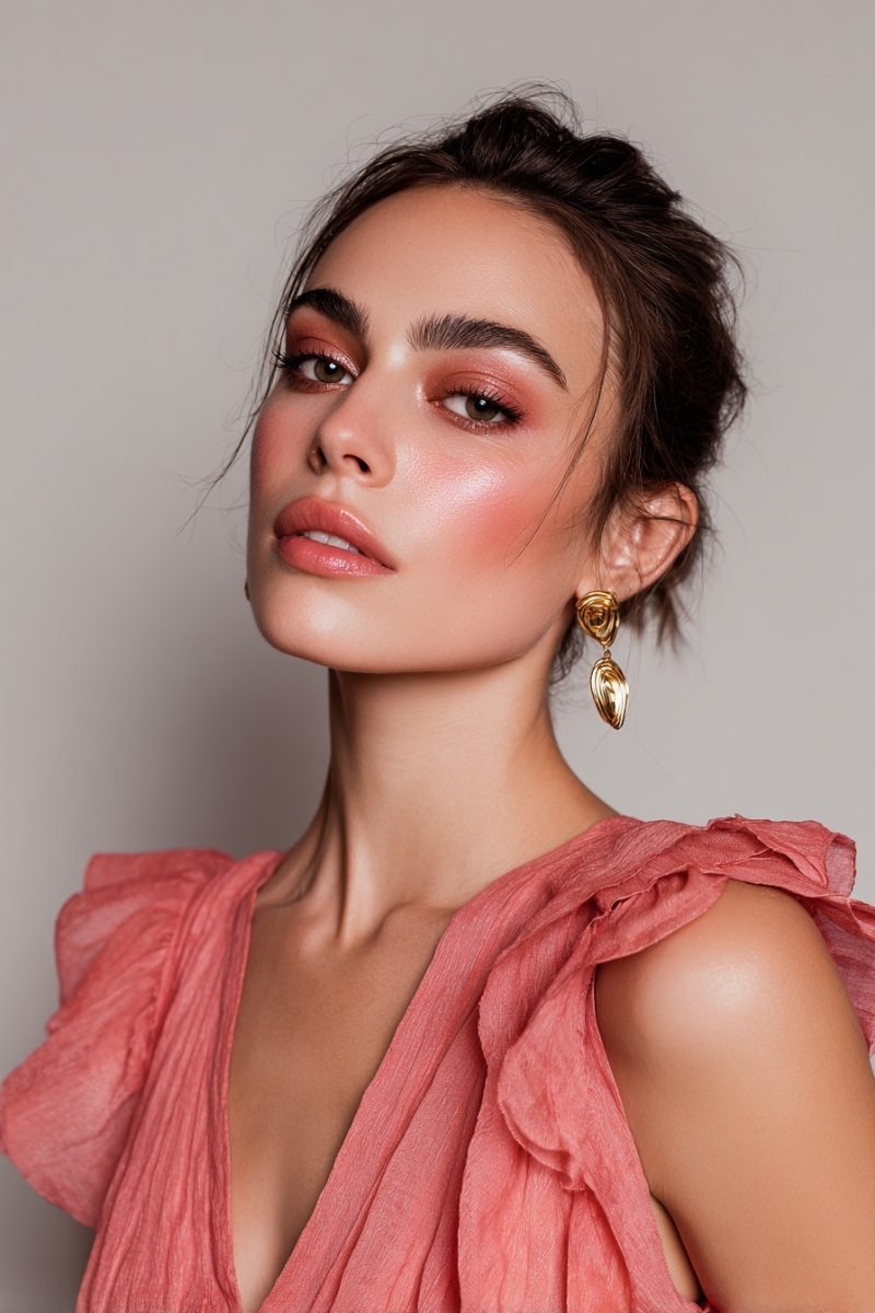 Warm pink makeup with dewy cheeks