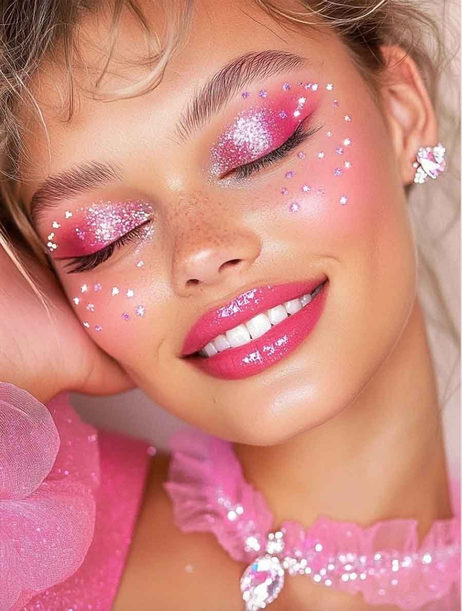 Glittering pink eye makeup with glossy lips