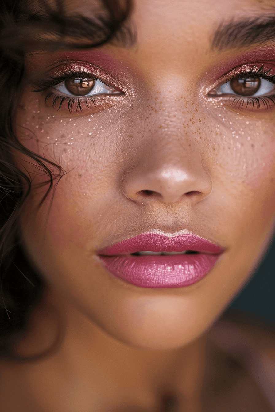 Natural pink makeup with faux freckles