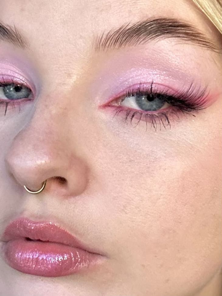 Dreamy pastel pink eyeshadow with glossy lips