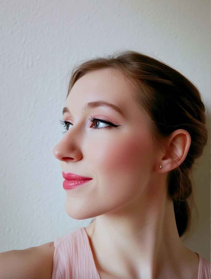 Classic winged eyeliner with pink lips