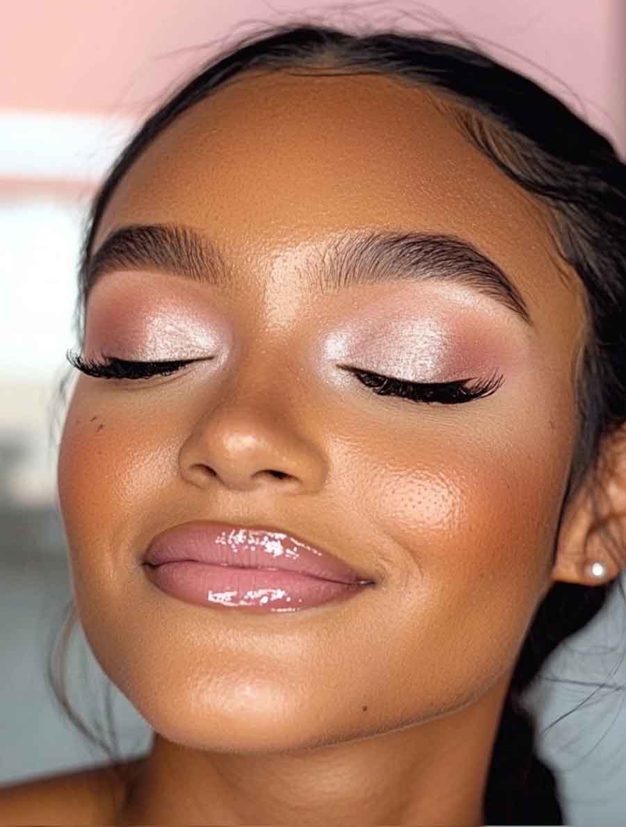 Glossy pink eyeshadow with high shine lips