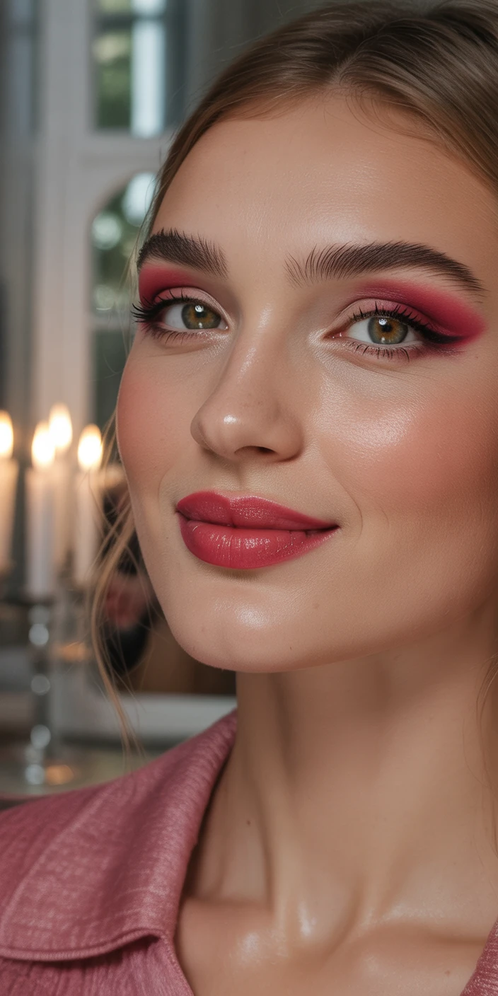 Bold makeup with red lipstick, dramatic eyeshadow