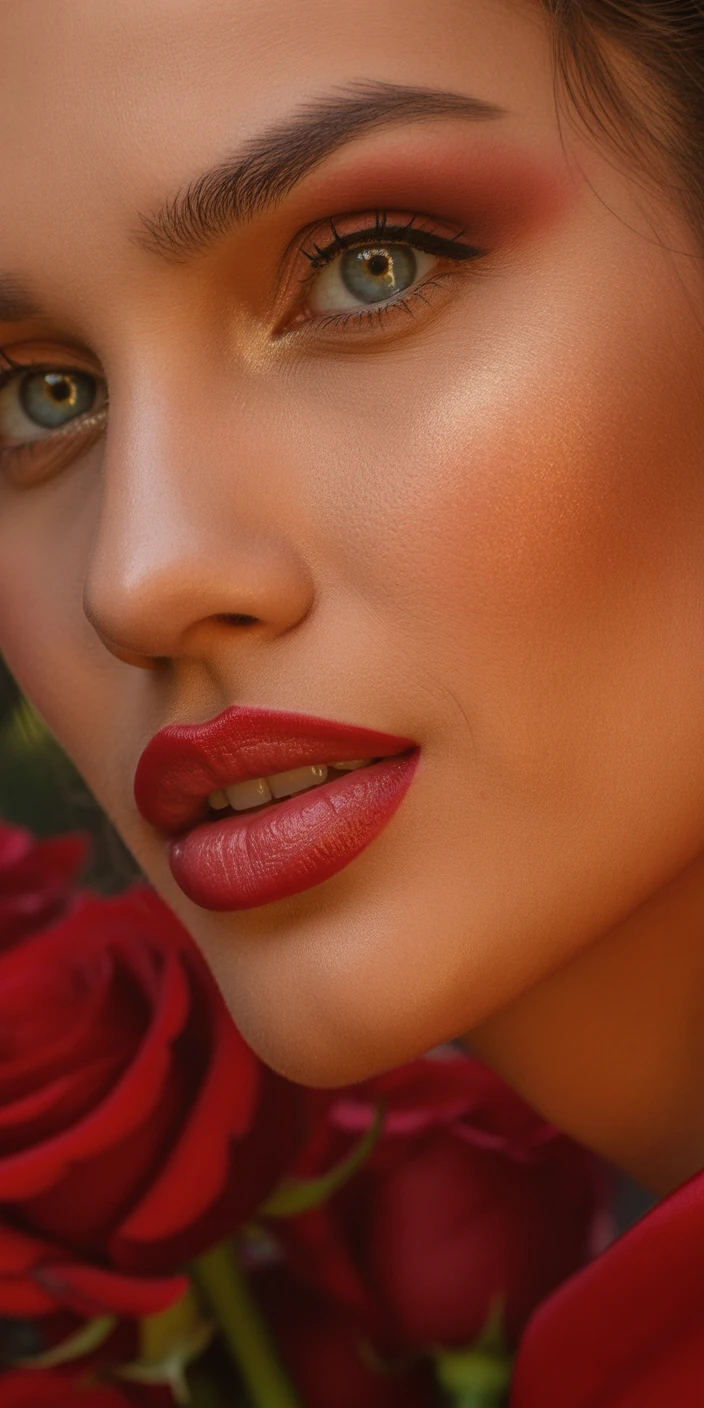 Glamorous red lipstick with rose gold eye makeup