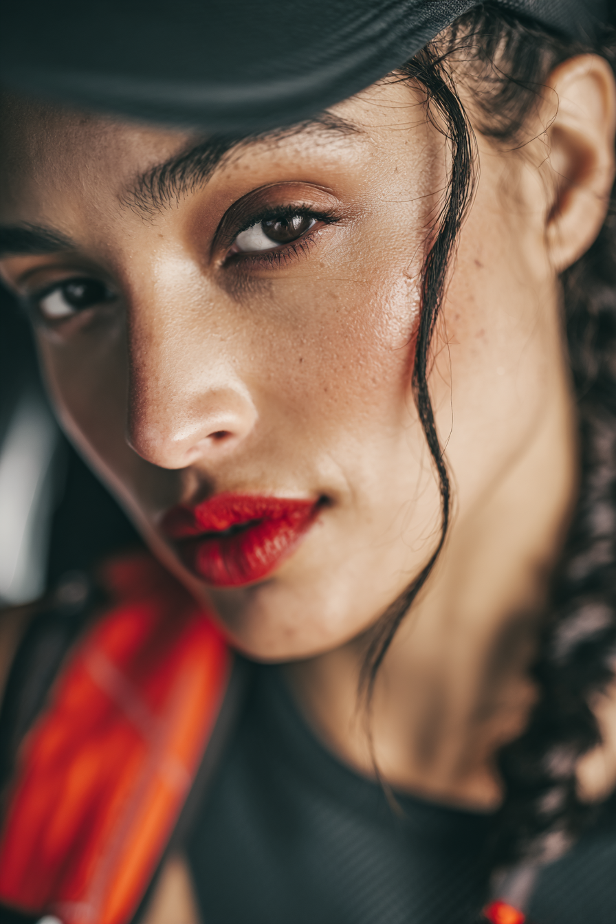 Sporty red lipstick with minimal makeup