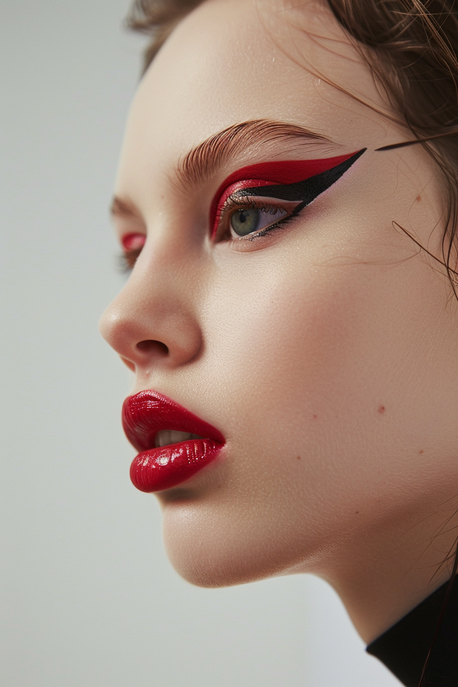 Artistic red lipstick with graphic eyeliner