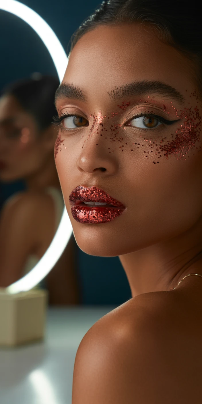 Festive red lipstick with glitter accents