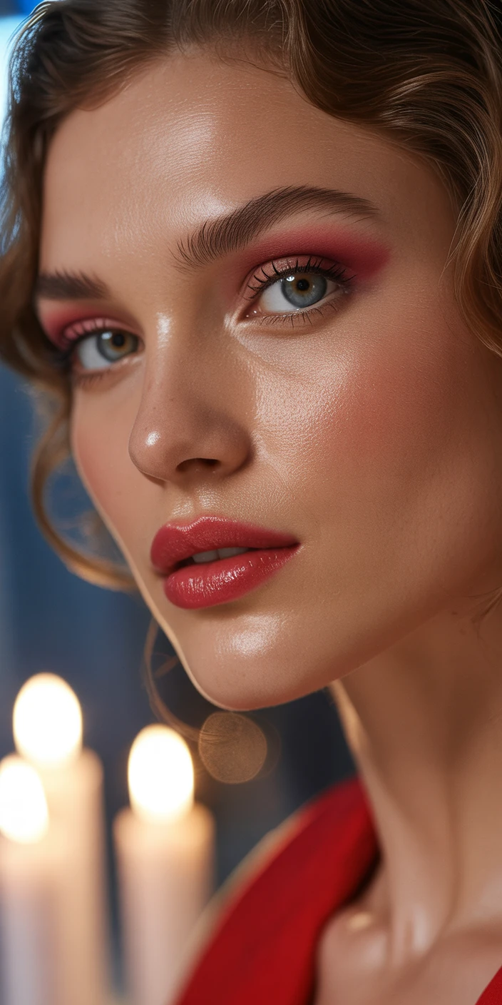 Soft red lipstick with glowing skin