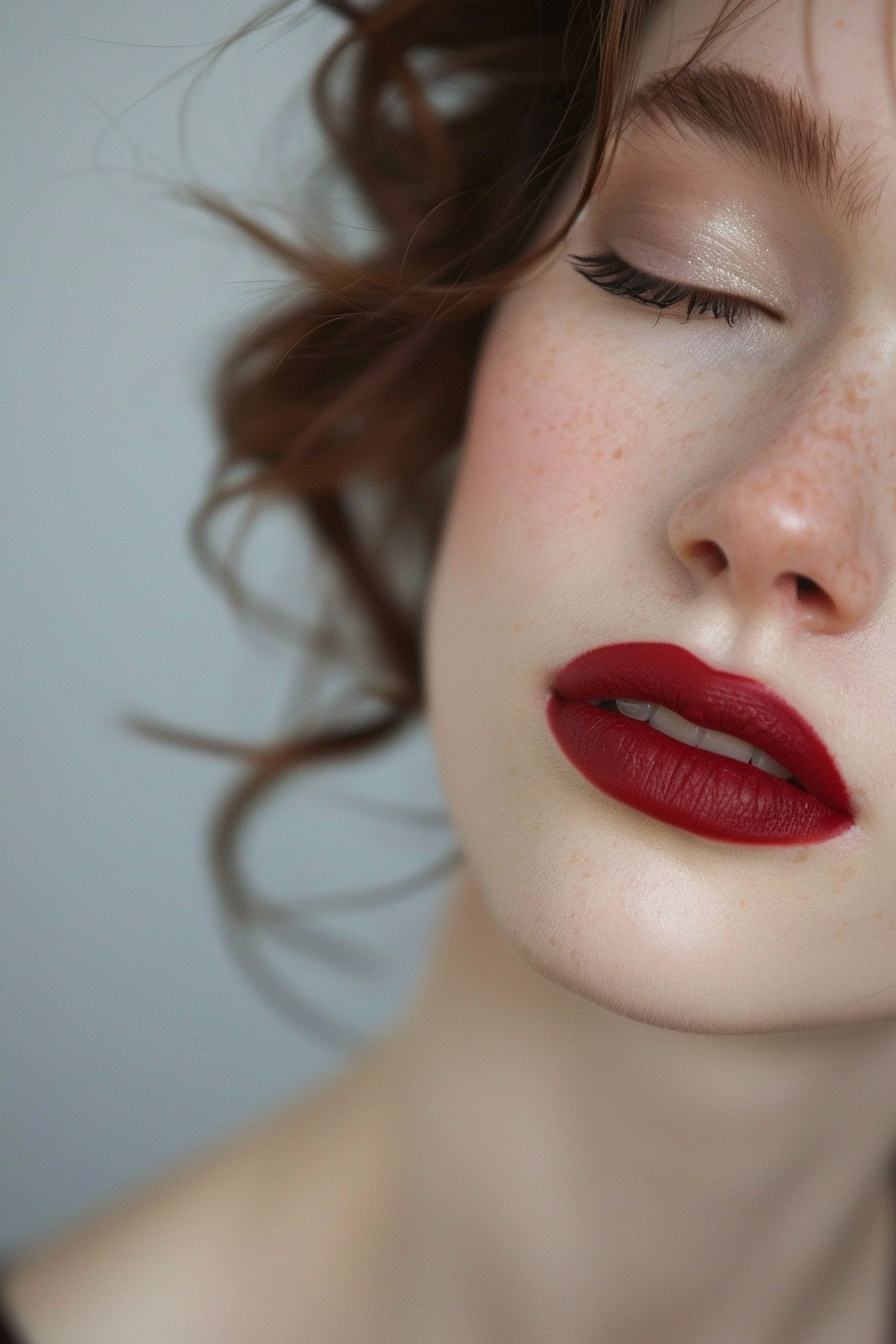 Rustic red lipstick with freckles