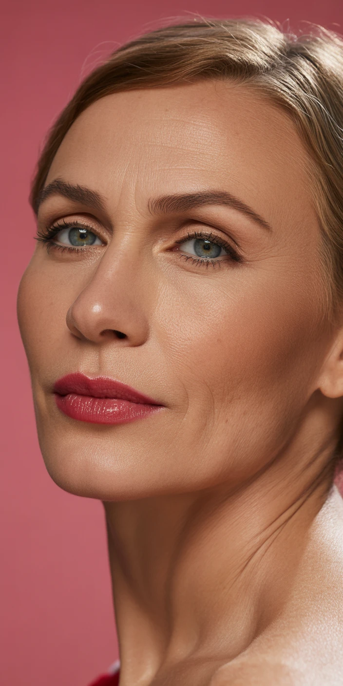 Muted red lipstick with elegant makeup