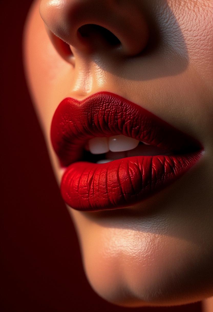 Burgundy red lipstick with dramatic impact