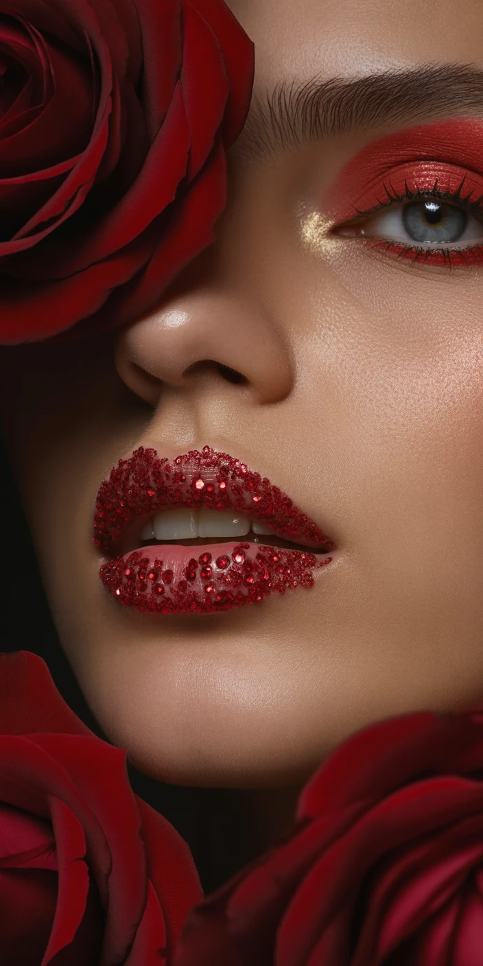 Textured red lipstick with glitter details