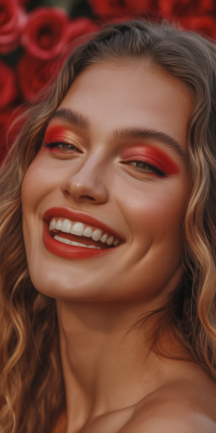 Playful red lipstick with coral eyeshadow