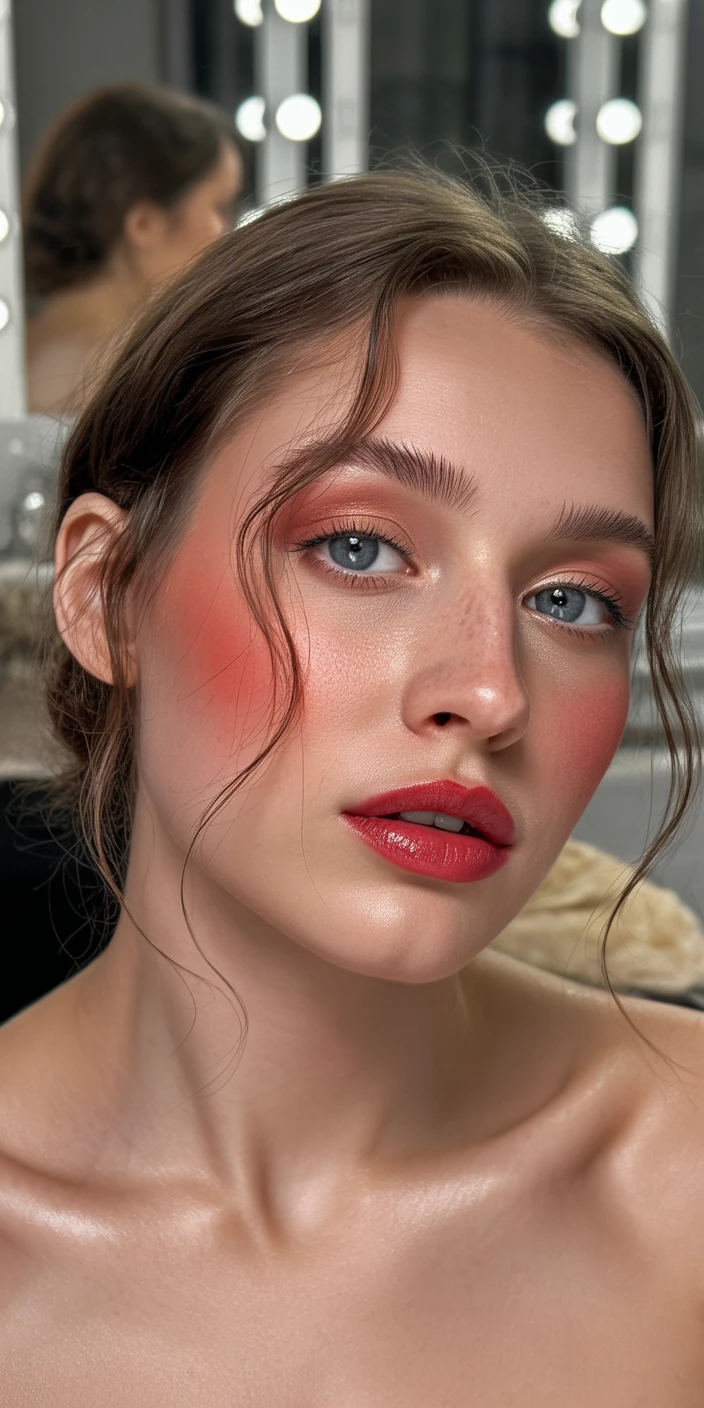 Blushed red lipstick with fresh glow