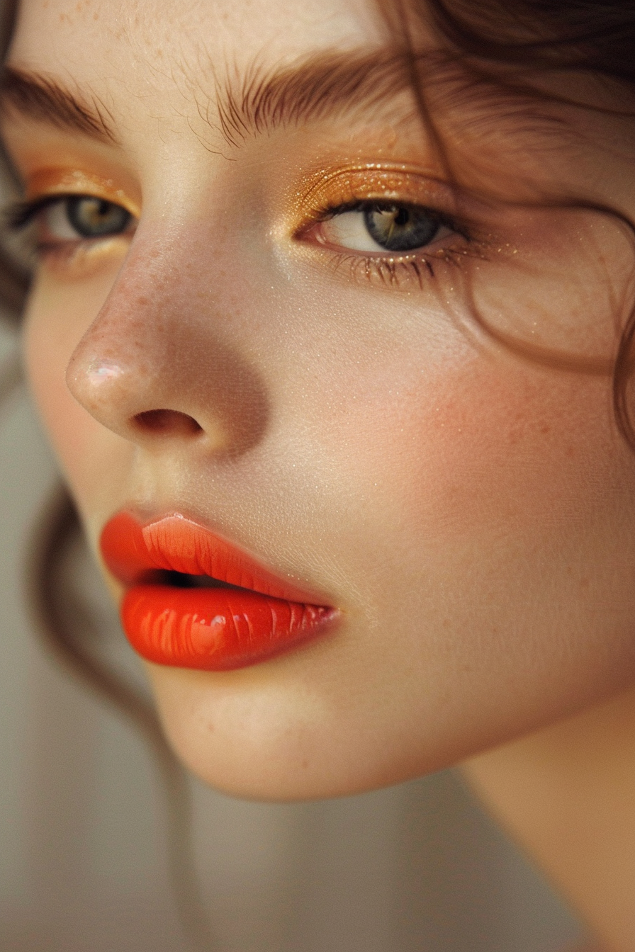 Vibrant orange-red lipstick bold look