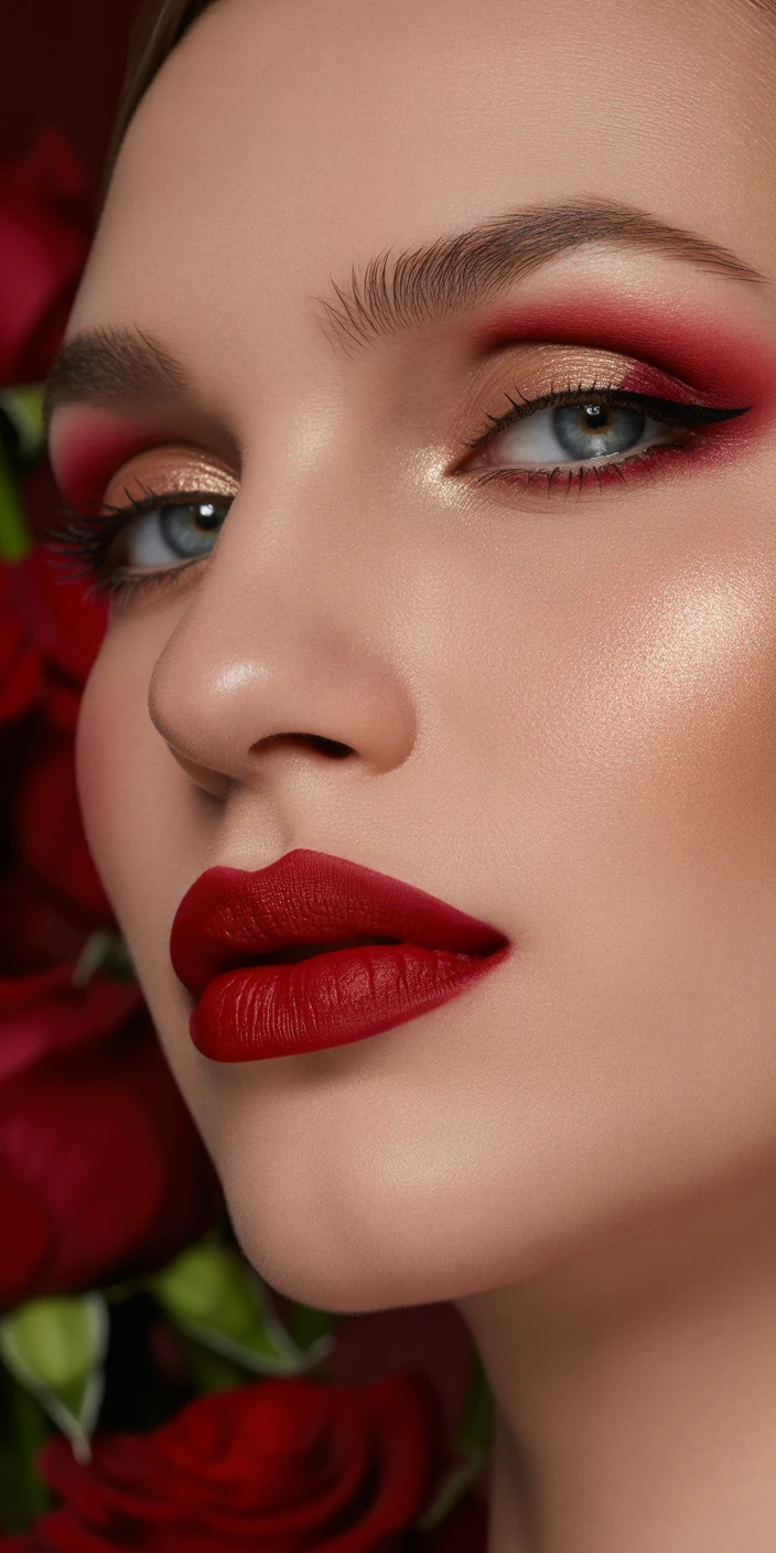 Rich red lipstick with gold eyeshadow