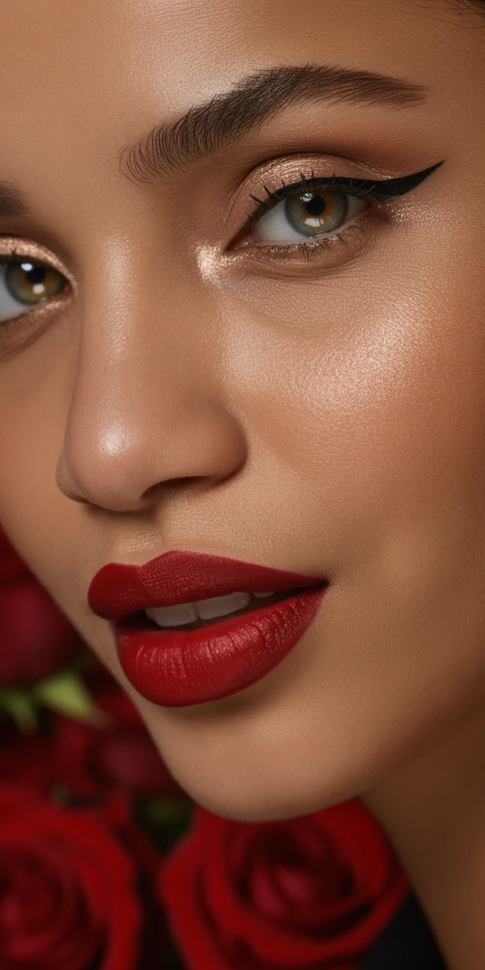 Classic red lipstick with winged liner