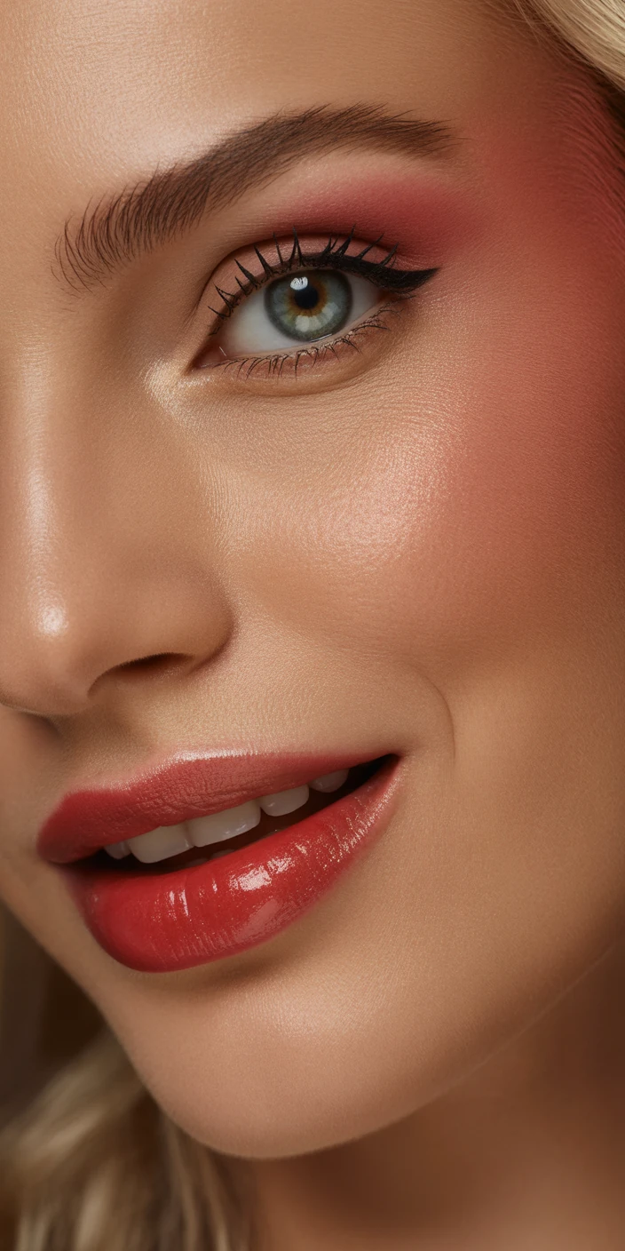 Coral red lipstick peach glow