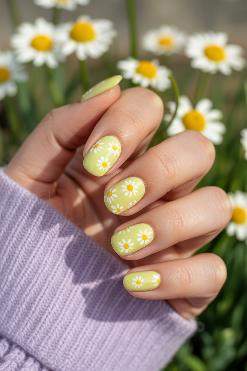 Pastel yellow nails with daisy patterns