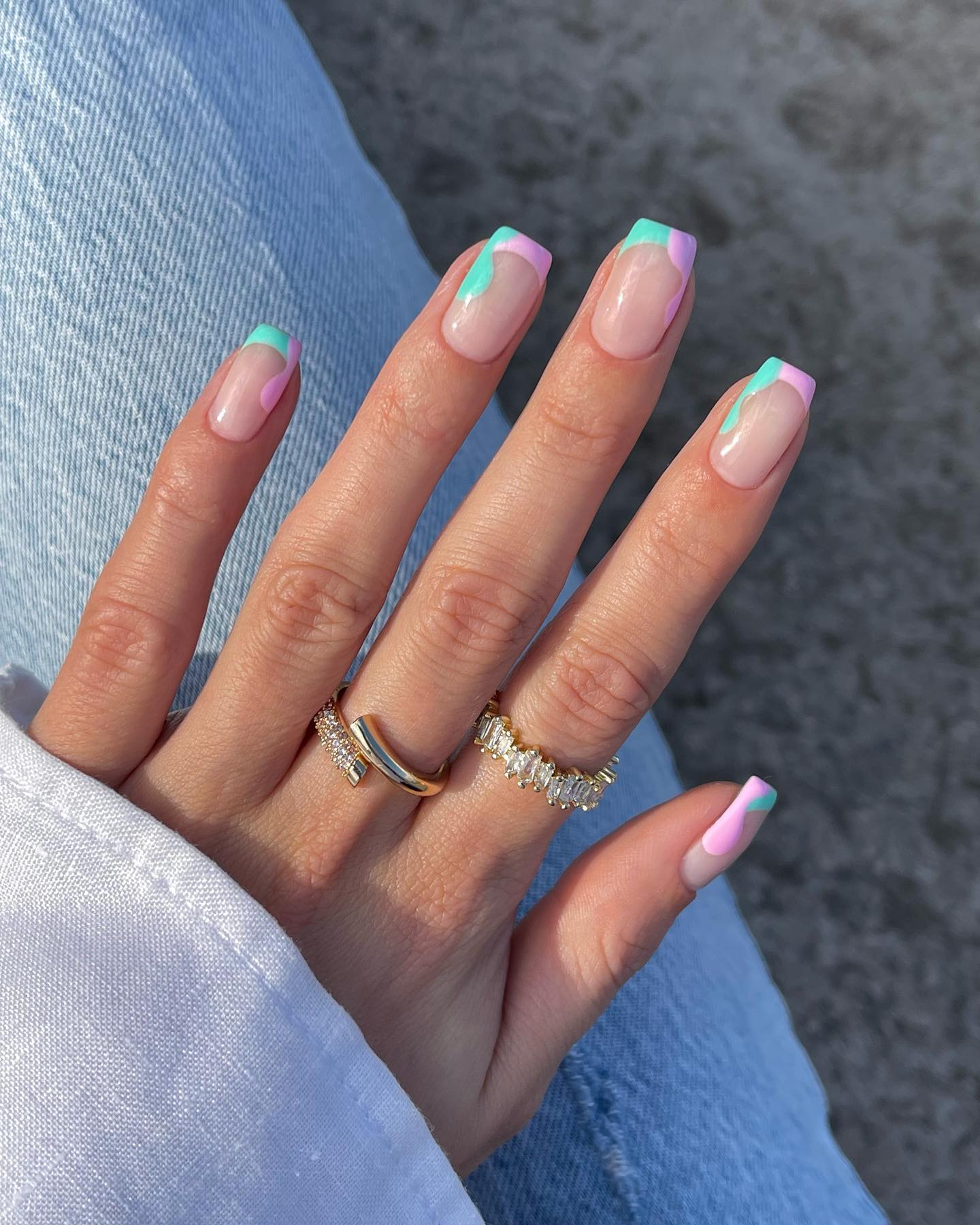 Pastel multi-colored French manicure on square nails