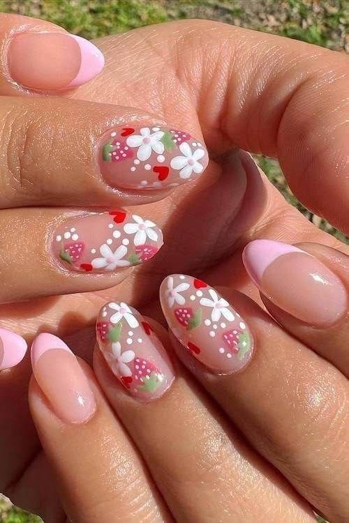 Berry and floral design on nude nails