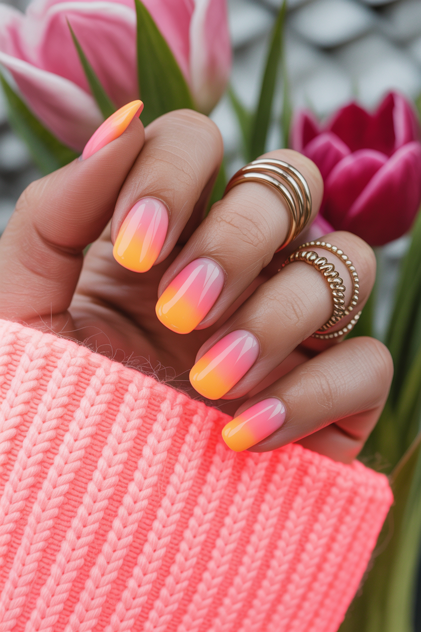 Sunset ombré nails with orange and pink