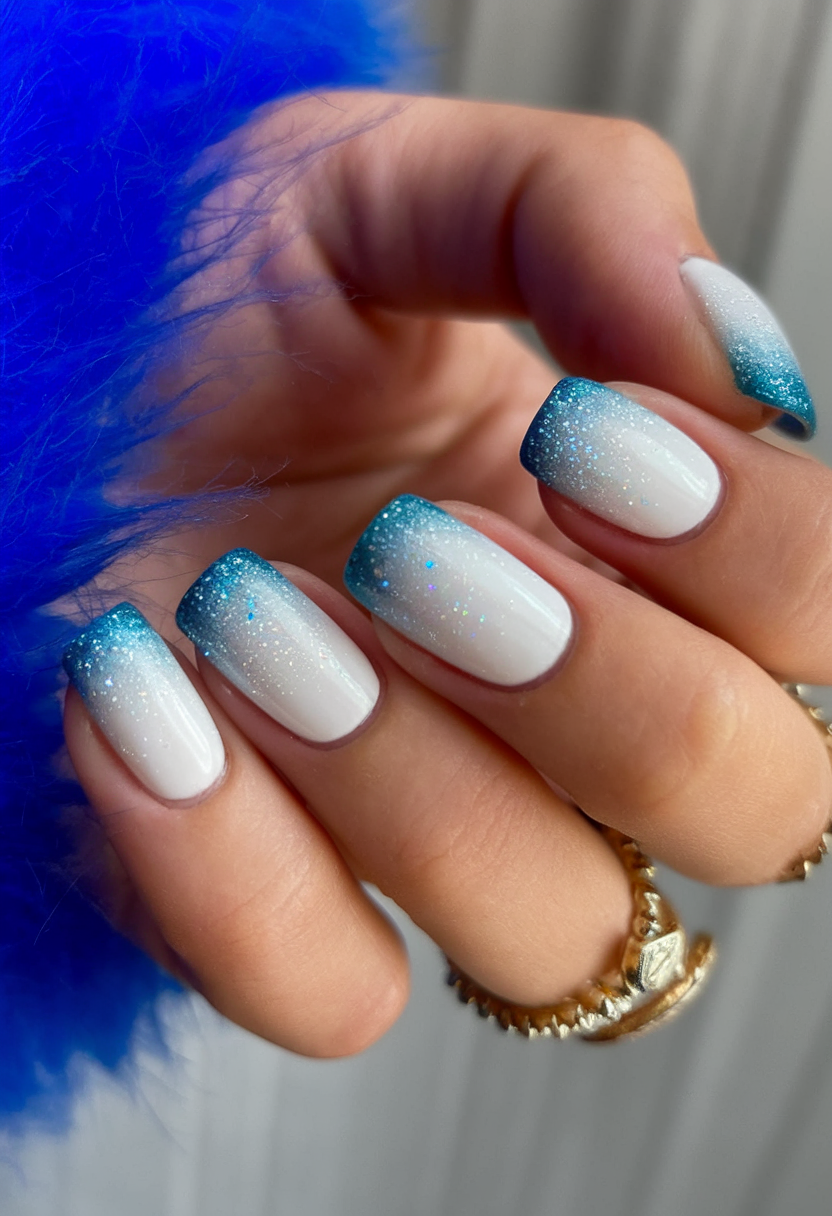 Ombre blue French tips with glitter effect