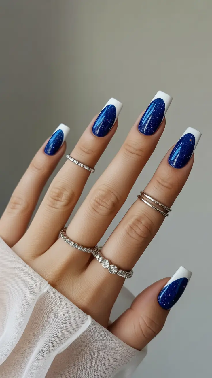 Minimalist blue striped French tips on nude base